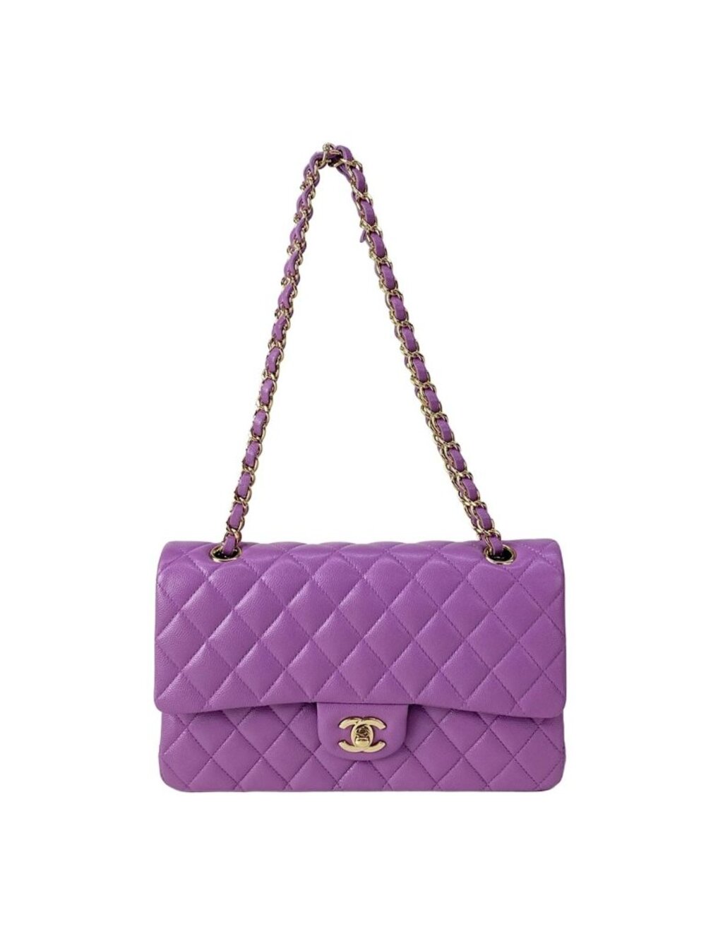 Chanel Shoulder Bag Double Flap Quilted Purple Chain Gold